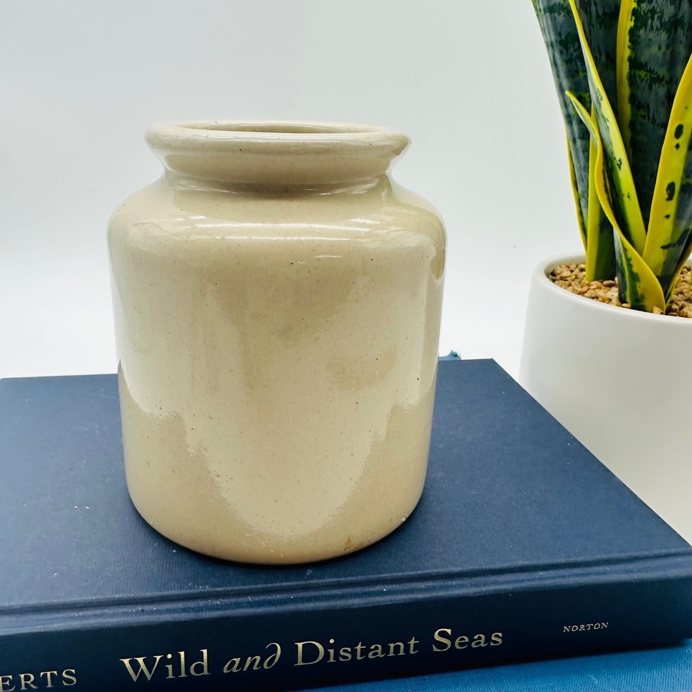 Vintage LAB Lagny Stoneware Crock Glazed Beige Ceramic Farmhouse Jar 4.5"
